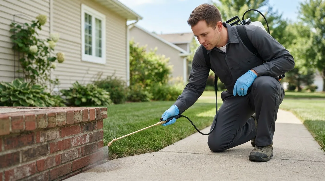Pest control technician treating a home near West Harrison, IN